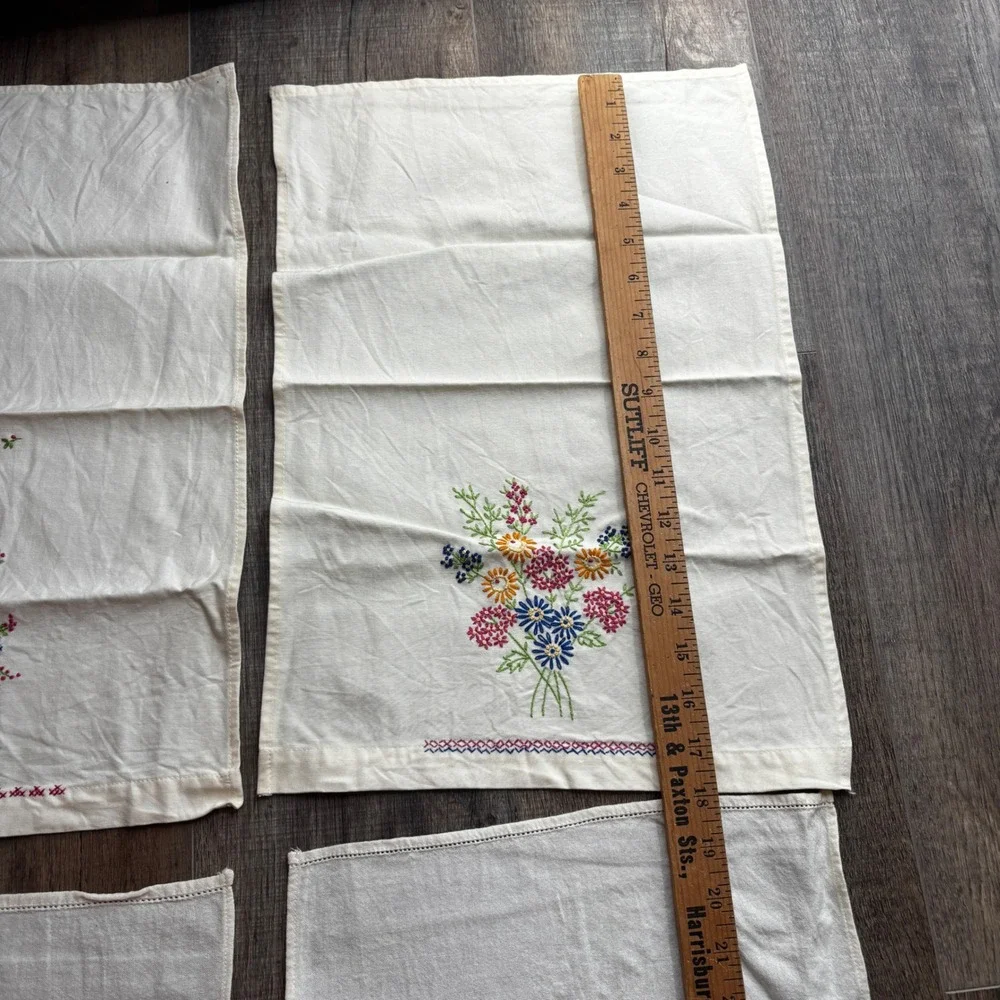 Vintage Hand Embroidered Tea Towels Set of 4 Floral His and Hers White Cotton